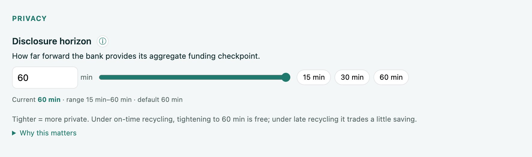Bank console privacy setting: disclosure horizon of 60 minutes, with options of 15, 30 and 60 minutes.